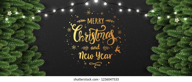 Gold Christmas and New Year Typographical on dark background with fir branches, lights, Xmas decorations glowing white garlands. Christmas theme. Vector Illustration