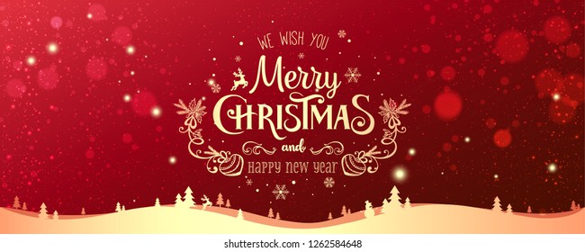 Gold Christmas and New Year Typographical on red Xmas background with winter landscape with snowflakes, light, stars. Merry Christmas card. Vector Illustration