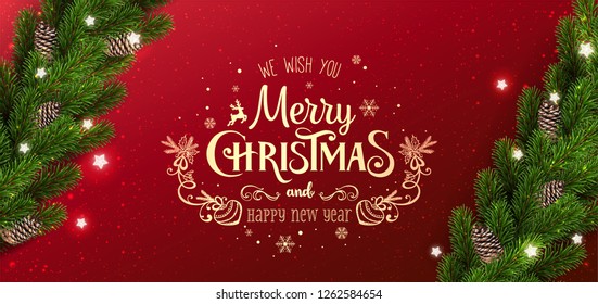 Gold Christmas and New Year Typographical on red background with garland of Christmas tree branches, snowflakes, stars. Xmas and New Year card. Vector Illustration