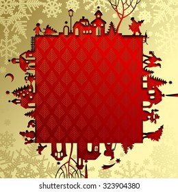 Gold Christmas and New Year's paper frame with silhouette of town and people on red background. Christmas and New-Year's greeting card. Vector illustration