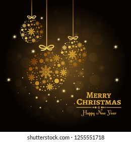 Gold Christmas ornaments. Merry Christmas card.