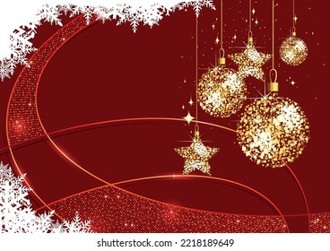 Gold Christmas Ornaments on Red Modern Abstract Background with Curves with Halftone Pattern - Colored Illustration, Vector