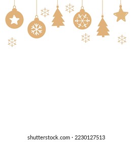 Gold Christmas ornaments with star, pine tree, and Christmas balls on white background vector illustration.