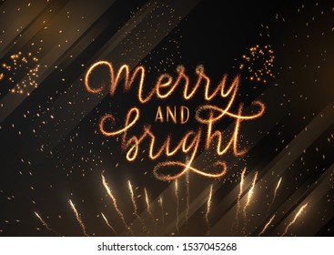 Gold Christmas party invitation background. Merry and bright hand drawn lettering. Vector eps10.