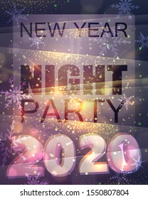 Gold Christmas Party Poster with firework explosion, light rays, snowflakes, dust and bokeh. Happy New 2020 Year Flyer, Holiday Greeting Card, Invitation, Menu Design Template. Vector illustration.