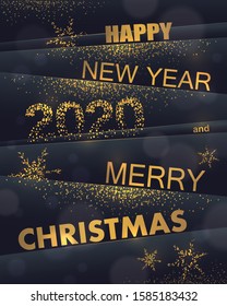 Gold Christmas Party Poster with gold snowflakes and dust. 2020 Happy New Year Flyer, Holiday Greeting Card, Invitation, Menu Design Template. Vector illustration.