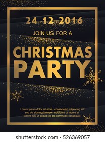 Gold Christmas Party Poster with gold snowflakes, dust and gold frame. Happy New Year Flyer, Holiday Greeting Card, Invitation, Menu Design Template. Vector illustration.