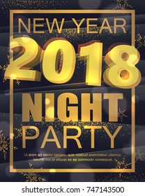 Gold Christmas Party Poster with gold snowflakes and dust. Happy New 2018 Year Flyer, Holiday Greeting Card, Invitation, Menu Design Template. Vector illustration.