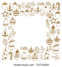 Gold Christmas pattern Fram wth christmas elements, balls, decoration