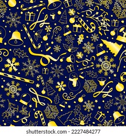 Gold Christmas Pattern on Dark Blue Background. Shining Golden Christmas elements. Snowflakes, Christmas trees, Snowman, candy cane, bells, wreath, stars, santa hat. Vector Illustration. EPS 10.