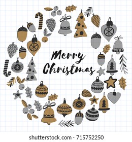 Gold Christmas patterns with christmas bells, snowflakes, candy Holly jolly Merry Christmas and Happy New Year Isolated on checked notepad paper