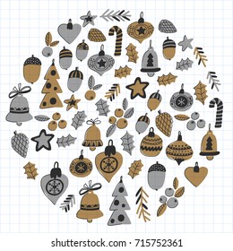 Gold Christmas patterns with christmas bells, snowflakes, candy Holly jolly Merry Christmas and Happy New Year Isolated on checked notepad paper