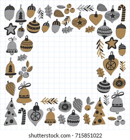 Gold Christmas patterns with christmas bells, snowflakes, candy Holly jolly Merry Christmas and Happy New Year Isolated on checked notepad paper