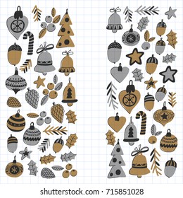 Gold Christmas patterns with christmas bells, snowflakes, candy Holly jolly Merry Christmas and Happy New Year Isolated on checked notepad paper