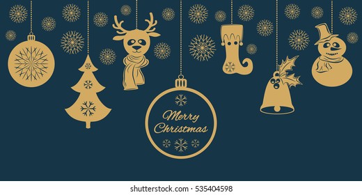 Gold Christmas pendants a bell with holly, ball, fir-tree with snowflakes, a deer in scarf, snowman in a hat, stocking. A border isolated on dark background. Vector illustration for your design