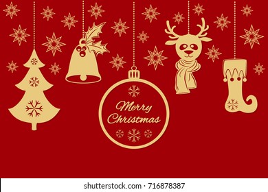 Gold Christmas pendants a bell with holly, ball, fir-tree with snowflakes, a deer in scarf, stocking, stars. A border isolated on red background. Vector card