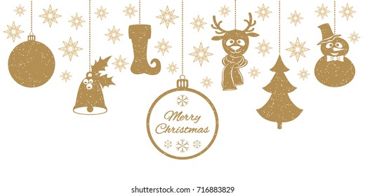 Gold Christmas pendants a bell with holly, ball, fir-tree, a deer in scarf, snowman in a hat, stocking, stars. A border isolated on white background. Vector illustration for your design