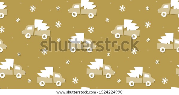 Gold Christmas pick up car seamless pattern\
with spruce tree, truck clipart and snowflakes. Holiday gift\
wrapping design with scandinavian design. White and golden beige\
minimalist repeat\
background.