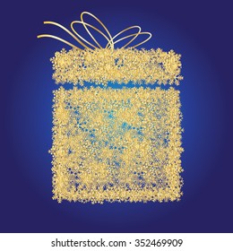 Gold Christmas present box on snowy background