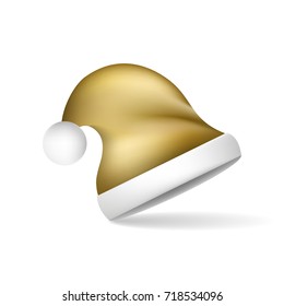 Gold Christmas Santa Claus hat. Vector illustration on a white background with shadow.