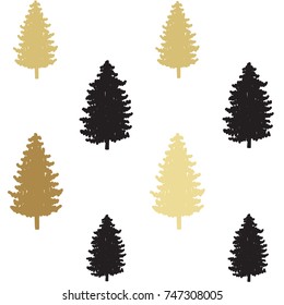 gold christmas seamless pattern. new year hand drown firs wrapping paper design, winter holiday decoration, black and golden christmas trees modern background