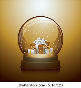 Gold Christmas snow globe with gift boxes within