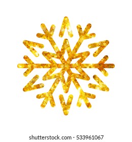 Gold Christmas snowflake icon. Golden fire silhouette snow flake sign isolated white background. Elegant design card, decoration. Symbol winter, New Year holiday celebration Vector illustration