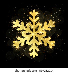 Gold Christmas snowflake icon. Golden silhouette snow flake sign isolated on black background. Elegant design for card, decoration. Symbol winter, New Year holiday celebration Vector illustration