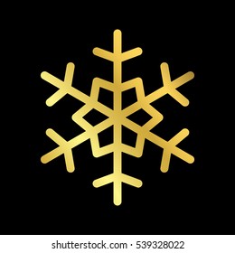 Gold Christmas snowflake icon. Golden silhouette snow flake sign isolated on black background. Elegant design for card, greeting, decoration. Shine texture. Symbol of winter Vector illustration