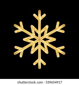 Gold Christmas snowflake icon. Golden silhouette snow flake sign isolated on black background. Elegant design for card, greeting, decoration. Shine texture. Symbol of winter Vector illustration