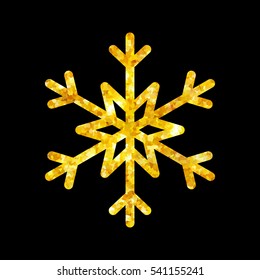 Gold Christmas snowflake icon. Golden fire silhouette snow flake sign isolated black background. Elegant design card, decoration. Symbol winter, New Year holiday celebration Vector illustration