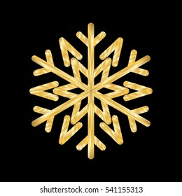 Gold Christmas snowflake icon. Golden silhouette snow flake sign isolated on black background. Elegant design for card, greeting, decoration. Shine texture. Symbol of winter Vector illustration