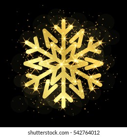 Gold Christmas snowflake icon. Golden silhouette snow flake sign isolated on black background. Elegant design for card, greeting, decoration. Shine texture. Symbol of winter Vector illustration