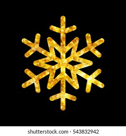 Gold Christmas snowflake icon. Golden fire silhouette snow flake sign isolated black background. Elegant design card, decoration. Symbol winter, New Year holiday celebration Vector illustration