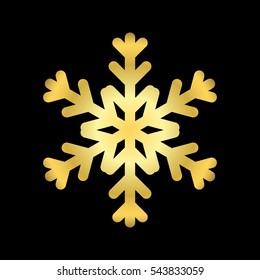 Gold Christmas snowflake icon. Golden silhouette snow flake sign isolated on black background. Elegant design for card, greeting, decoration. Shine texture. Symbol of winter Vector illustration