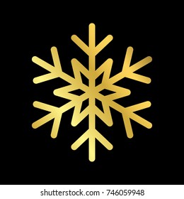 Gold Christmas snowflake icon. Golden silhouette snow flake sign isolated on black background. Elegant design for card, greeting, decoration. Shine texture. Symbol of winter Vector illustration