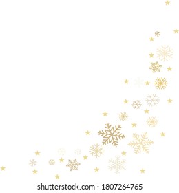 Gold Christmas snowflakes background. Winter golden snow minimal frame decoration on white, greeting card. New Year Holidays subtle backdrop. Noel Vector illustration