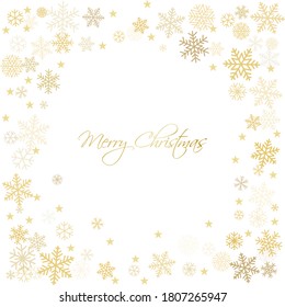 Gold Christmas snowflakes background. Winter golden snow minimal frame decoration on white, greeting card. New Year Holidays subtle backdrop. Noel Vector illustration