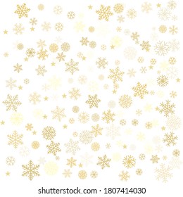 Gold Christmas snowflakes background. Winter golden snow minimal frame decoration on white, greeting card. New Year Holidays subtle backdrop. Noel Vector illustration