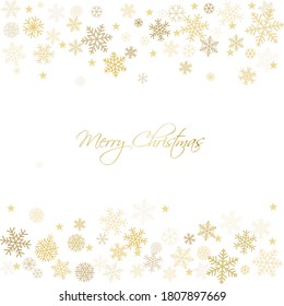 Gold Christmas snowflakes background. Winter golden snow minimal frame decoration on white, greeting card. New Year Holidays subtle backdrop. Noel Vector illustration