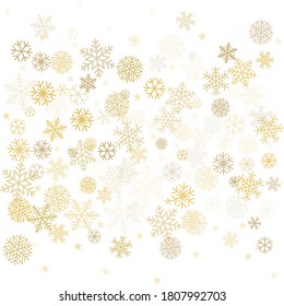 Gold Christmas snowflakes background. Winter golden snow minimal frame decoration on white, greeting card. New Year Holidays subtle backdrop. Noel Vector illustration