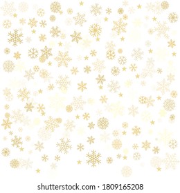 Gold Christmas snowflakes background. Winter golden snow minimal frame decoration on white, greeting card. New Year Holidays subtle backdrop. Noel Vector illustration