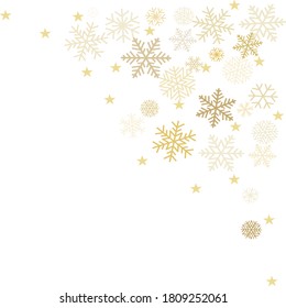 Gold Christmas snowflakes background. Winter golden snow minimal frame decoration on white, greeting card. New Year Holidays subtle backdrop. Noel Vector illustration