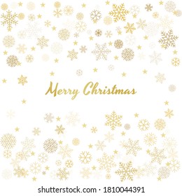 Gold Christmas snowflakes background. Winter golden snow minimal frame decoration on white, greeting card. New Year Holidays subtle backdrop. Noel Vector illustration