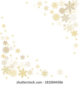 Gold Christmas snowflakes background. Winter golden snow minimal frame decoration on white, greeting card. New Year Holidays subtle backdrop. Noel Vector illustration