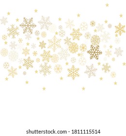 Gold Christmas snowflakes background. Winter golden snow minimal frame decoration on white, greeting card. New Year Holidays subtle backdrop. Noel Vector illustration