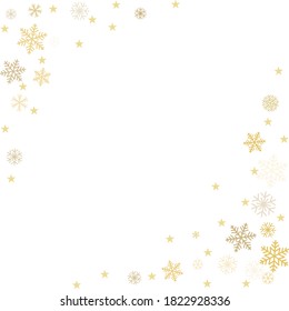 Gold Christmas snowflakes background. Winter golden snow minimal frame decoration on white, greeting card. New Year Holidays subtle backdrop. Noel Vector illustration