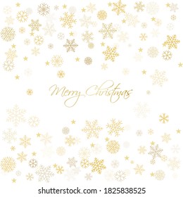 Gold Christmas snowflakes background. Winter golden snow minimal frame decoration on white, greeting card. New Year Holidays subtle backdrop. Noel Vector illustration