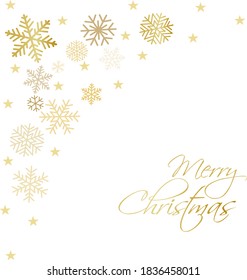 Gold Christmas snowflakes background. Winter golden snow minimal frame decoration on white, greeting card. New Year Holidays subtle backdrop. Noel Vector illustration