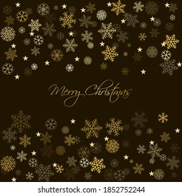 Gold Christmas snowflakes background. Winter golden snow minimal frame decoration on white, greeting card. New Year Holidays subtle backdrop. Noel Vector illustration